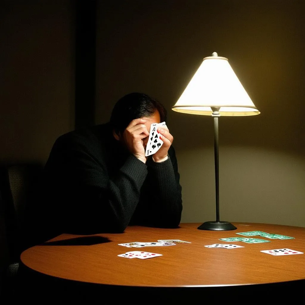 Person holding playing cards with worried expression