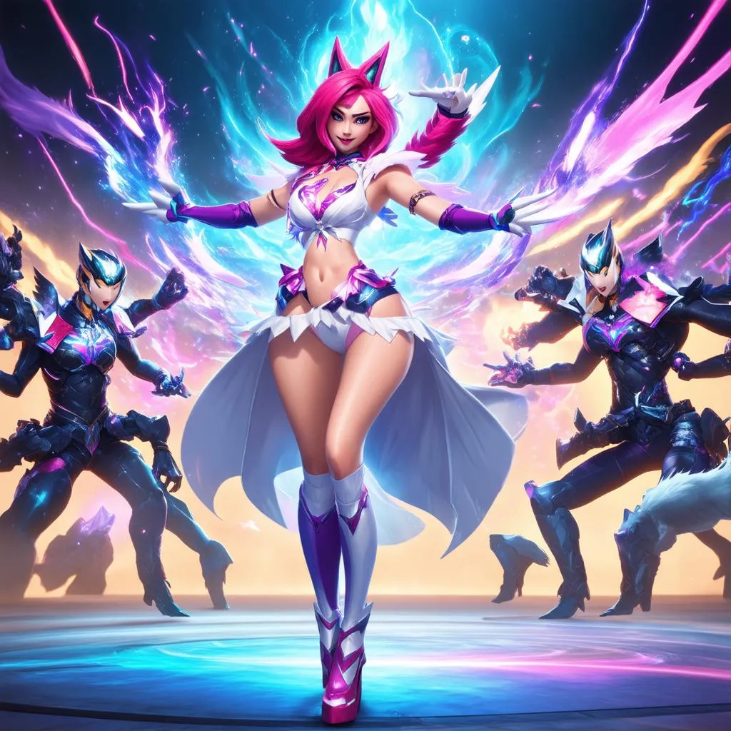 Ahri in her KDA skin stands victorious in the Arena