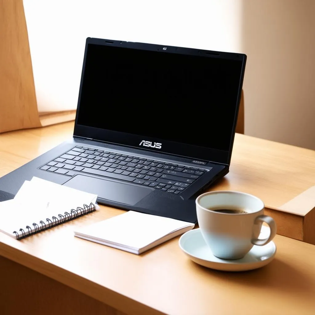 Asus laptop on a desk with a coffee cup