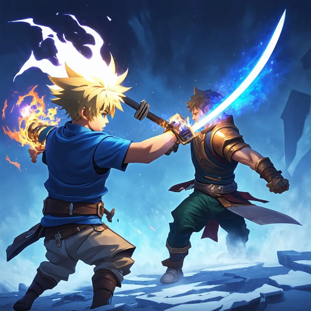 Ezreal và Garen đối đầu trong một trận Liên Minh Huyền Thoại