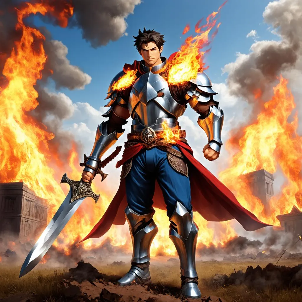 Garen standing triumphantly amidst a fiery battlefield