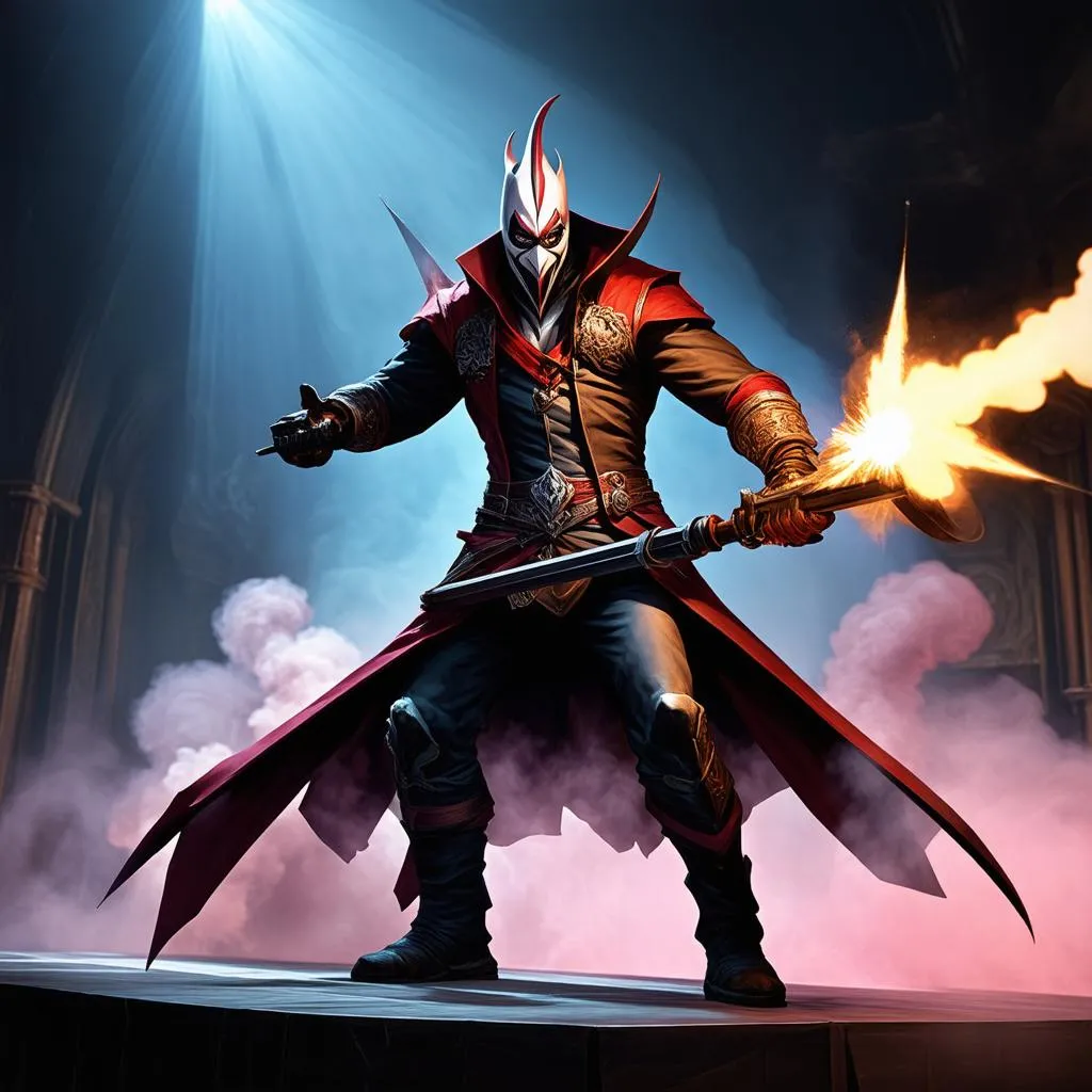 Jhin, the Virtuoso, firing his weapon in League of Legends.