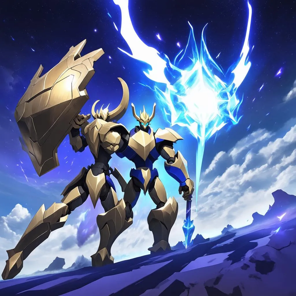 Galio sử dụng khiên chắn của mình để bảo vệ đồng đội khỏi chiêu cuối của Cassiopeia