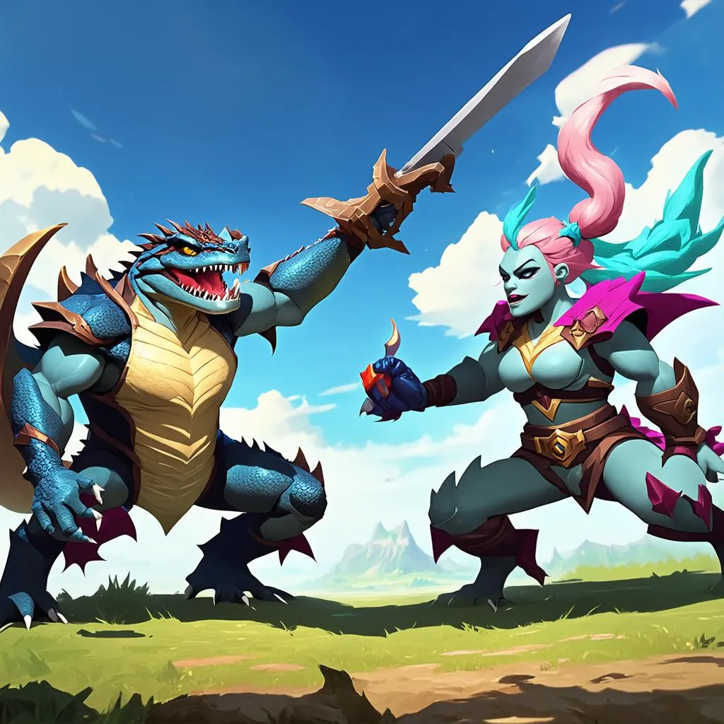 Hình ảnh Renekton, Jax và Malphite đang đối đầu với Gwen