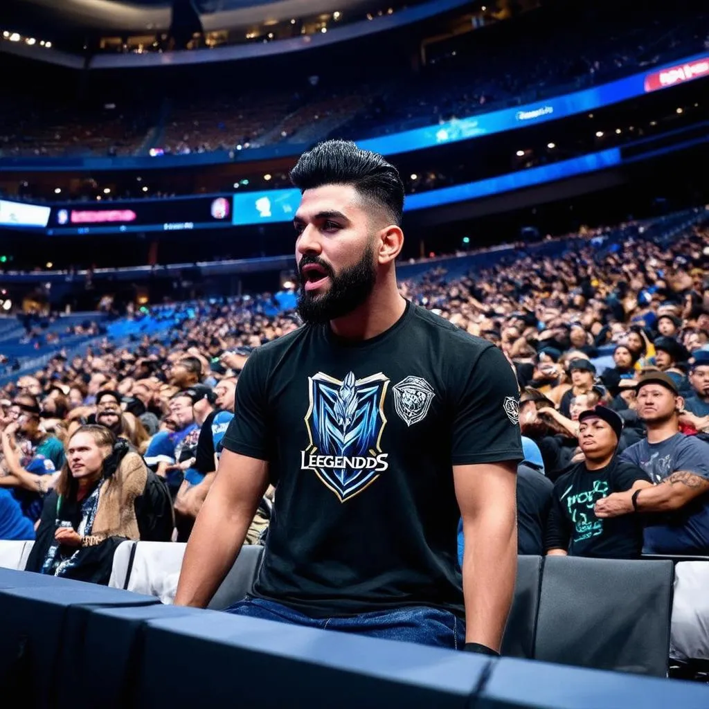 Khan, a professional League of Legends player in the LPL, competing in a stadium match.