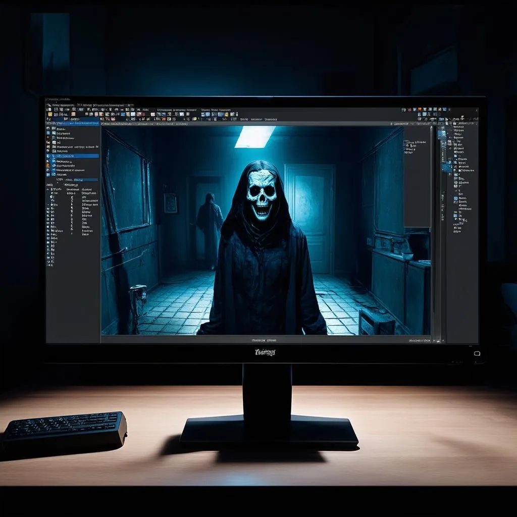 Màn hình máy tính hiển thị trò chơi kinh dị
