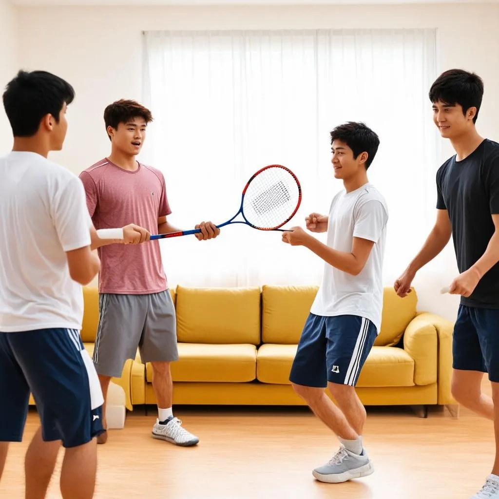 Một nhóm bạn trẻ đang cùng nhau chơi game cầu lông tại nhà