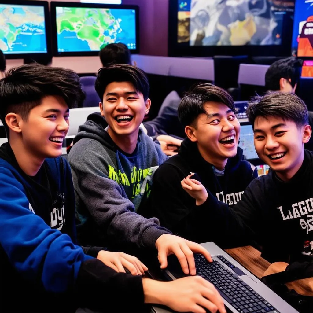 a-group-of-young-friends-are-having-fun-playing-league-of-legends-at-an-internet-cafe