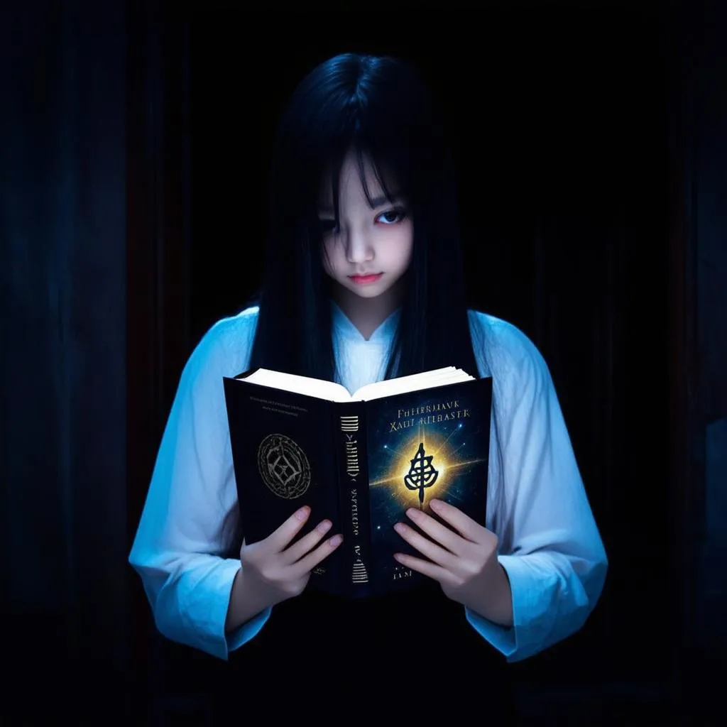 A mysterious girl with long black hair standing in a dark room.