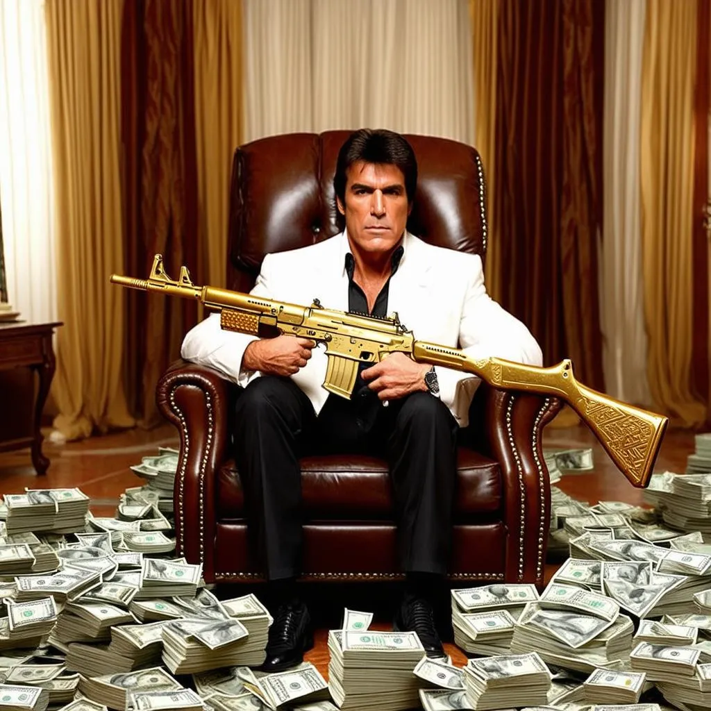 Tony Montana ngồi trên ghế với súng