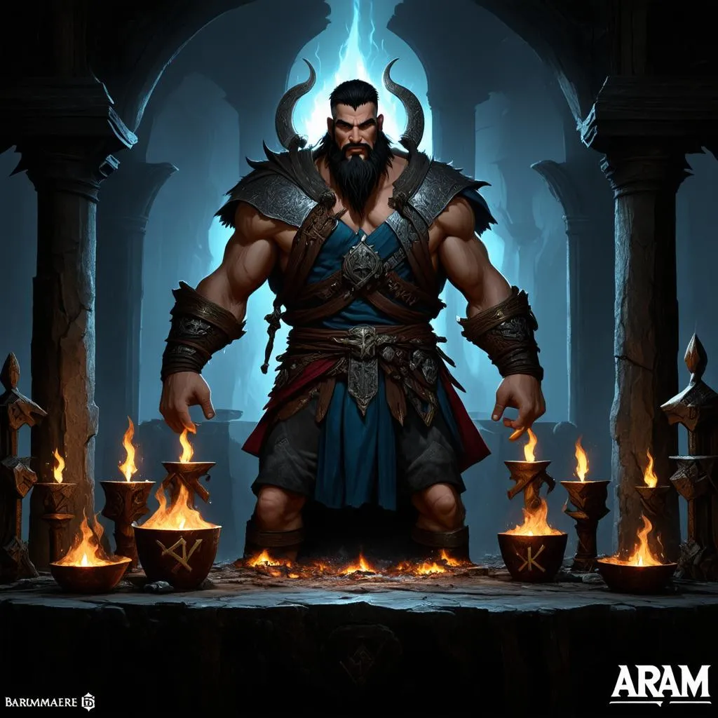 Tryndamere Aram đang đứng trước một bàn thờ