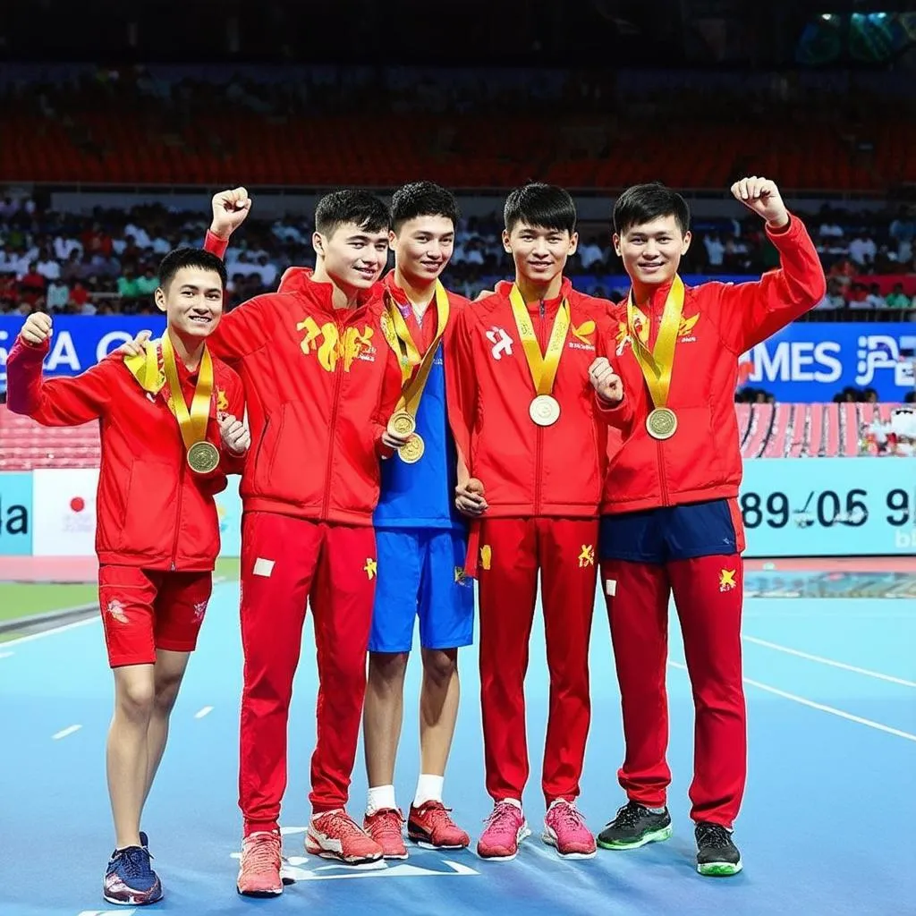 Vận động viên Việt Nam ăn mừng chiến thắng với huy chương vàng SEA Games