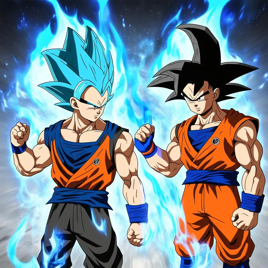 Vegeta Siêu Saiyan Blue và Songoku Siêu Saiyan Blue