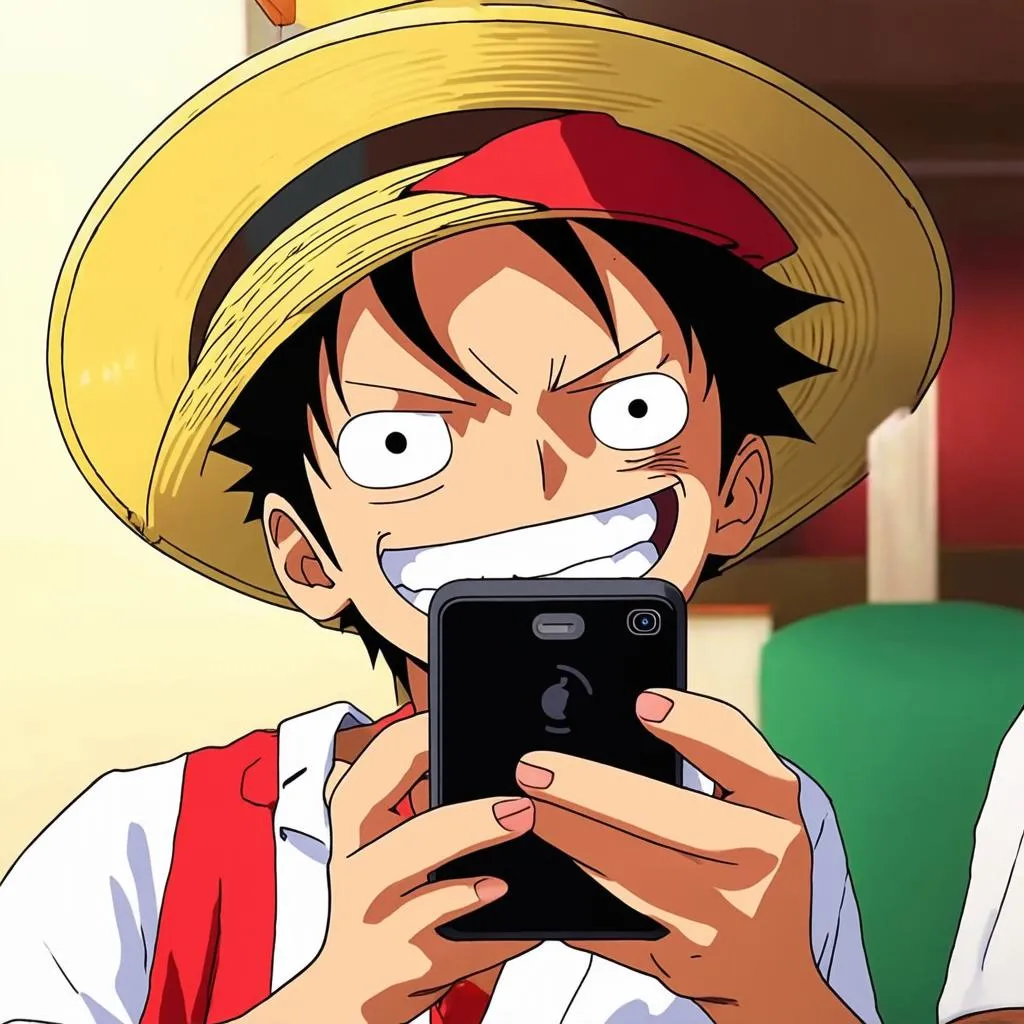 Luffy using his phone to play One Piece mobile game