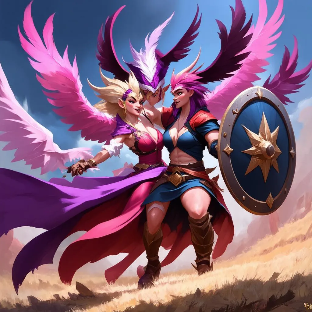 Xayah và Rakan trong trận chiến