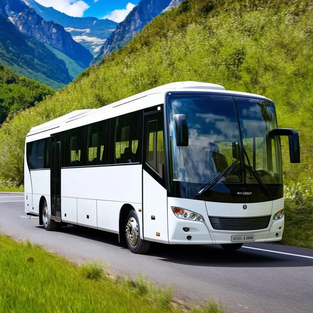 Modern sleeper bus driving on the road