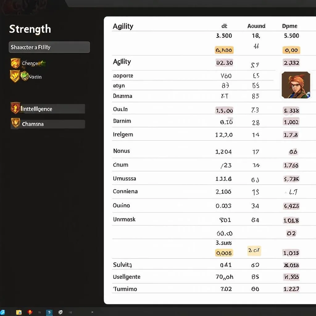 Character stats and profiles in game