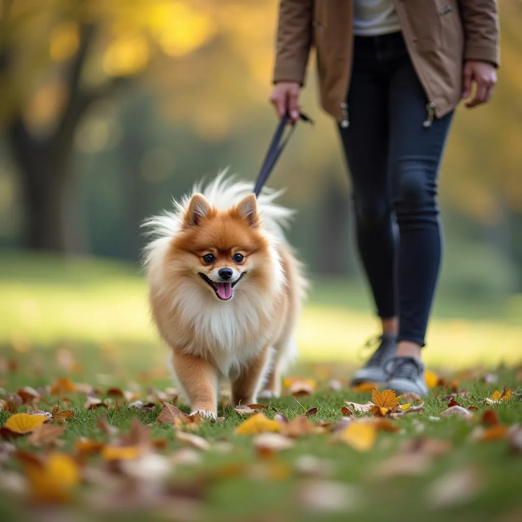 Chó phốc sóc lai cùng chủ đi dạo