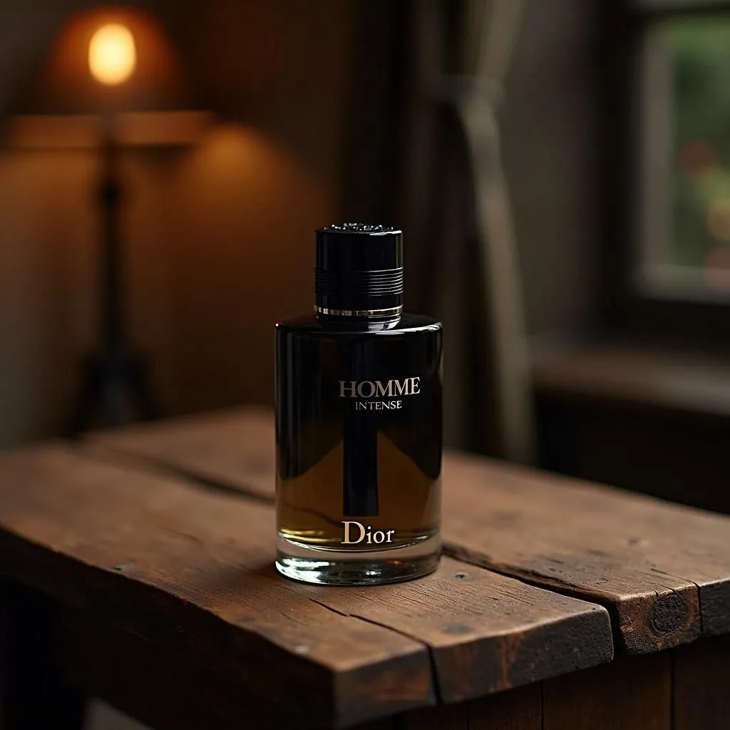 Chai nước hoa Dior Homme Intense trên bàn gỗ sang trọng