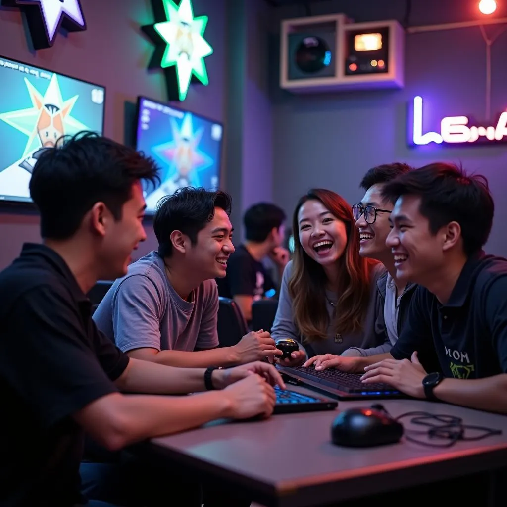 Các game thủ Liên Minh Huyền Thoại đang vui vẻ trao đổi tại quán cafe