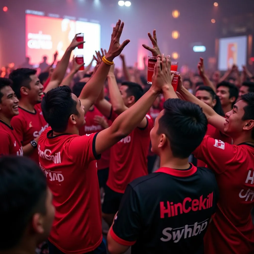 Các thành viên Pentakill LMHT Hà Nội CLUB ăn mừng chiến thắng cùng nhau