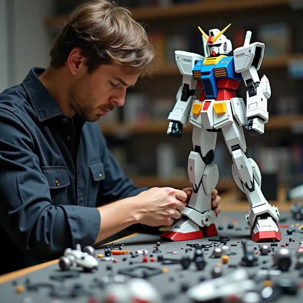 Người đàn ông đang lắp ráp mô hình Gundam