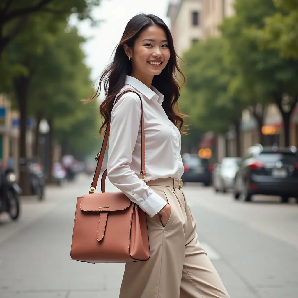 A woman using a Simone handbag