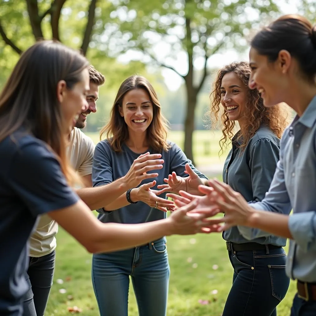 Nhóm nhân viên công sở đang tham gia team building ngoài trời vui vẻ cùng nhau