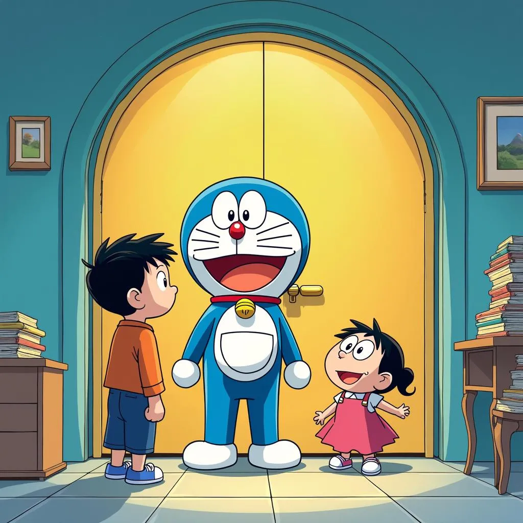 Nobita và Doraemon bên cạnh cánh cửa thần kỳ