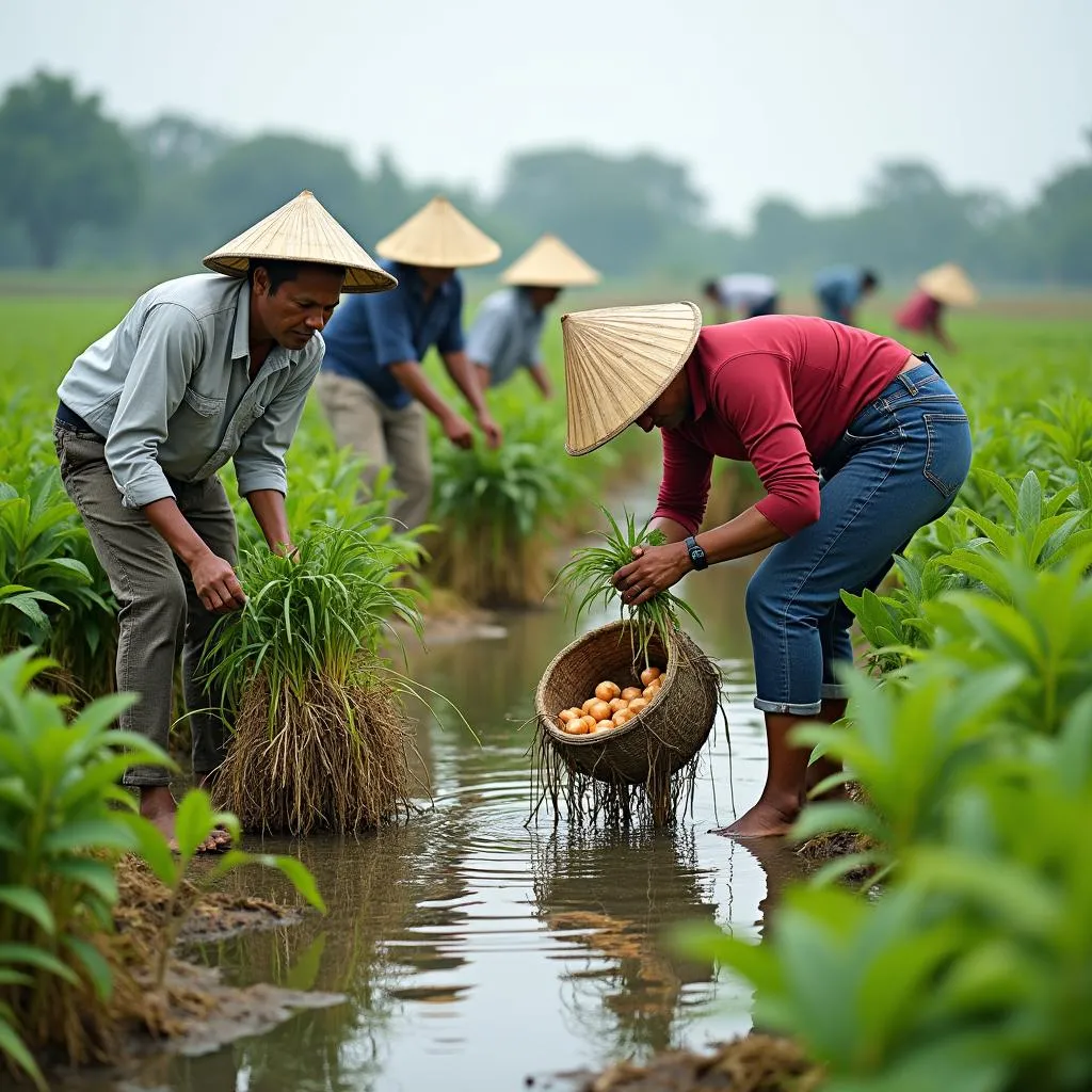 Nông dân thu hoạch củ niễng