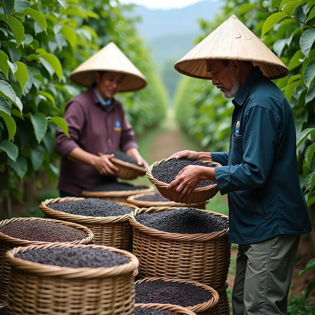 Nông dân thu hoạch tiêu