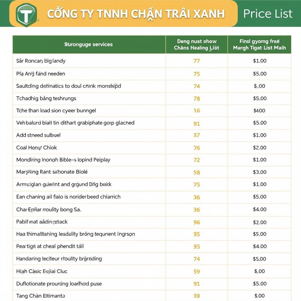 Bảng giá dịch vụ của Công ty TNHH Chân Trời Xanh