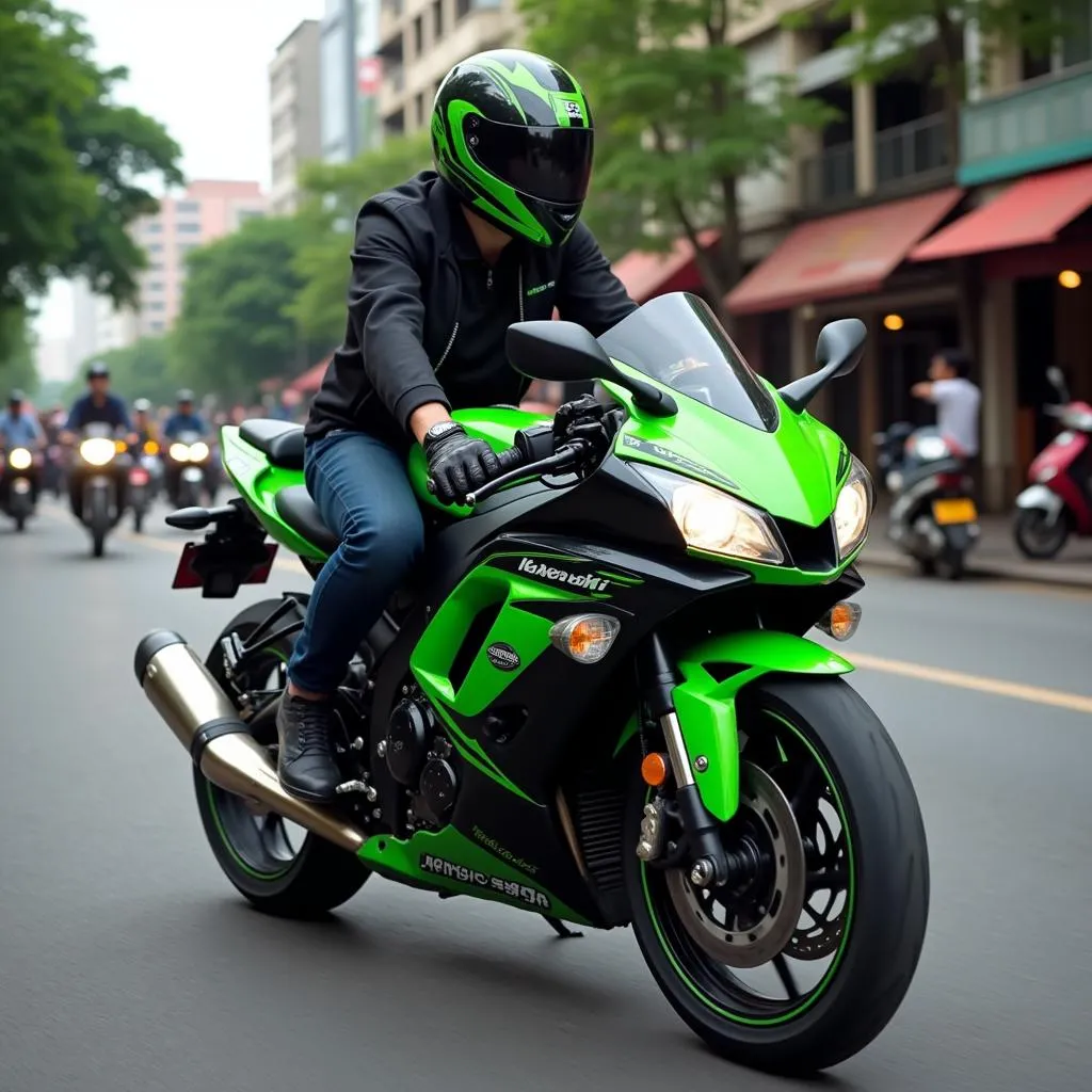 Hình ảnh Kawasaki ZX6R di chuyển trên đường phố Hà Nội