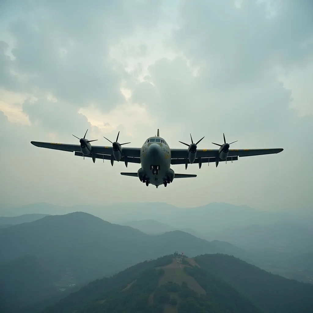 Hình ảnh máy bay C-130, hay còn gọi là máy bay bà già, bay trên bầu trời Việt Nam